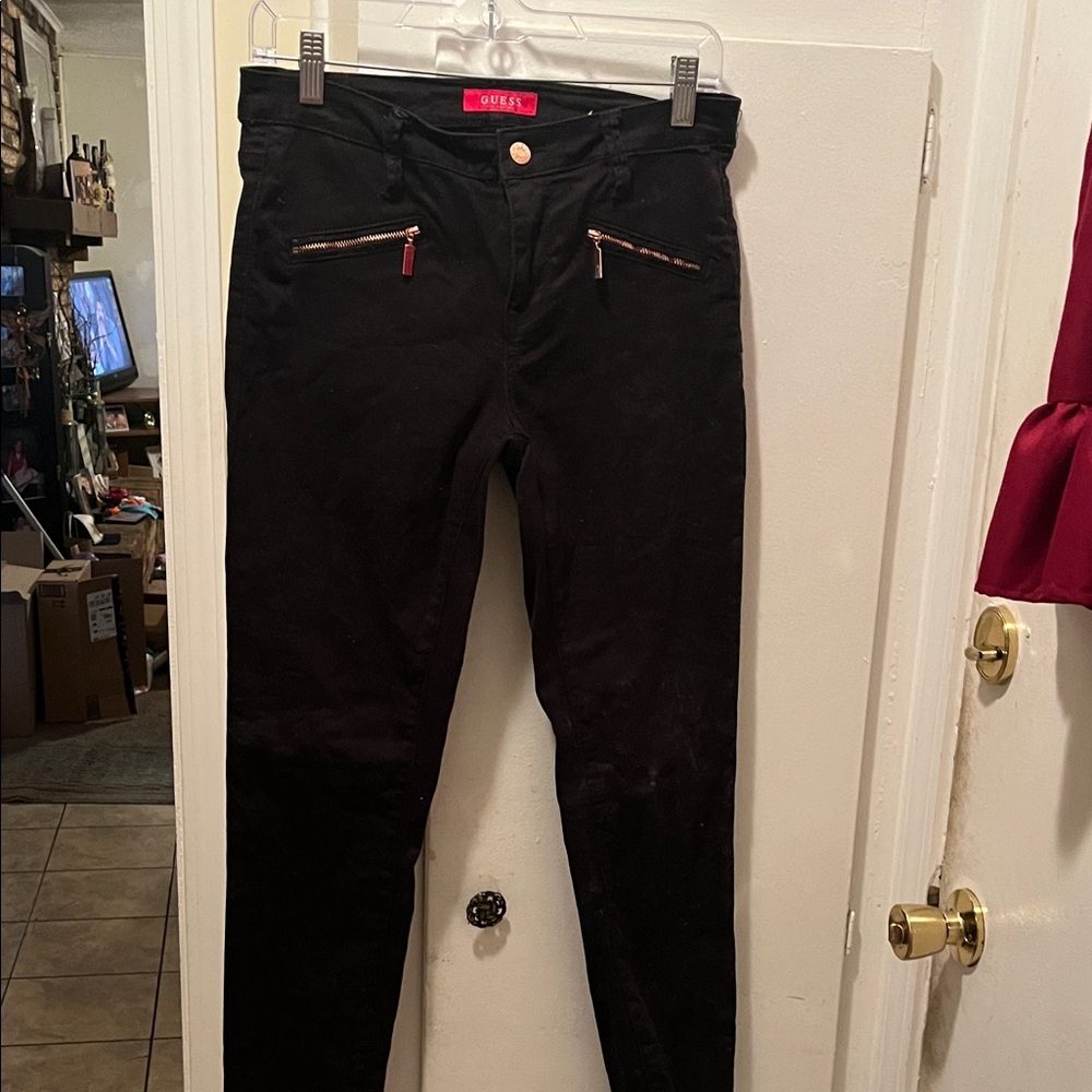 Guess Women's Black Skinny Pants with Zipper Accents